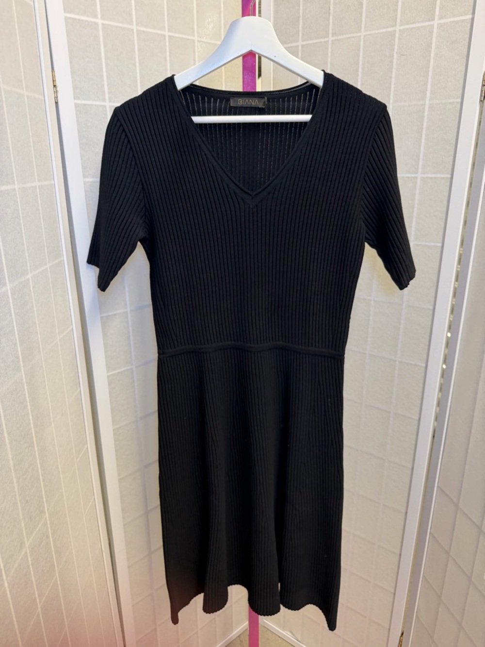 BIANA Black Ribbed V-Neck Knit Dress
